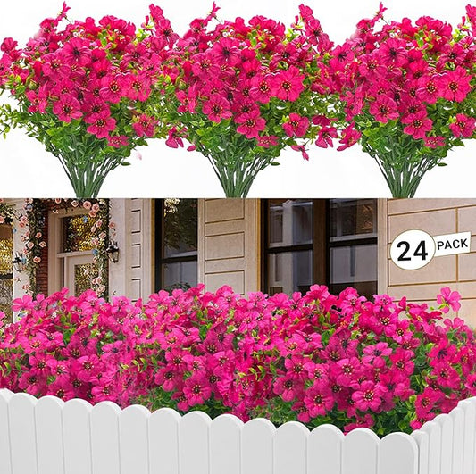 24 Bundles Artificial Flowers for Outdoors & Indoors – UV Resistant Faux Plastic Plants for Garden, Patio, Porch, Window Box, Home Decor – Lush & Vibrant Fake Flowers, Rose red