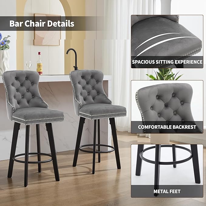 YISHENG Modern Swivel 27" H Seat Set of 4 Velvet Barstools with Backrest and Footrest,Button Tufted Rivet Trim Dining Room Chairs with Metal Pull Ring for Kitchen Island，Bistro, Home Bar，Gray