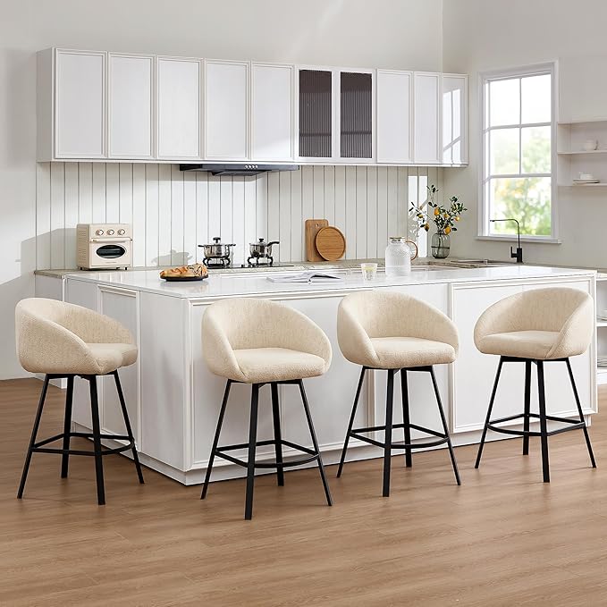 Zesthouse Swivel Counter Height Stools Set of 4, Modern Barrel Bar Stools for Kitchen Island, 26" Upholstered Kitchen Counter Height Barstools with Barrel Arms & Back, Beige Linen Fabric Bar Chairs