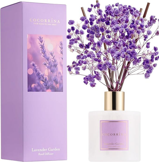 COCORRÍNA Reed Diffuser - Lavender Garden 6.7 Fl.oz Reed Diffuser Set with Sticks & Preserved Baby's Breath, Reed Diffuser for Home Bathroom Shelf Decor