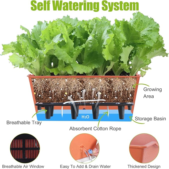 Window Box Planter 6 Pcs, 16.5 Inches Self Watering Rectangle Flower Plant Pots with Drainage Holes Trays, Vegetable Planters for Windowsill Patio Garden Balcony Porch Yard (Orange)