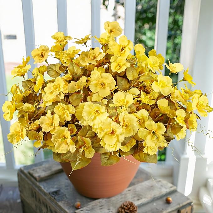 INSPRING Fake Fall Flowers Artificial Mums for Outdoors Autumn Decoration, Faux Silk Flowers Plants Realistic UV Resistant Tropical Flower Artificial for Outside Planter Patio (FYellow, 6 Bundles)