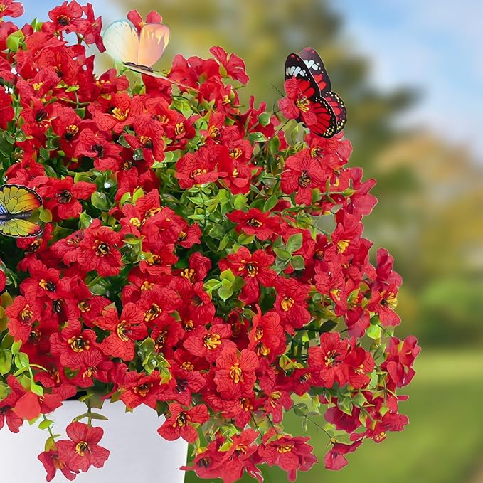 ‌20 Bundles Artificial Flowers for Outdoors‌ with 6 Faux Butterflies, UV Resistant ‌Fake Flowers‌ with Eucalyptus Leaves, ‌Artificial Plants Outdoor‌ for Patio Garden Porch Home Decor (Red)