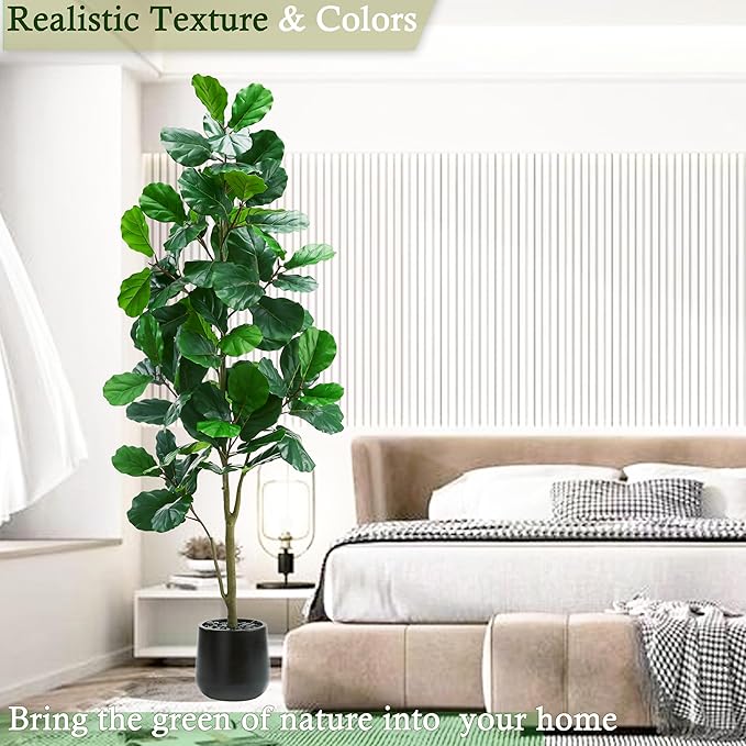 Artificial Fiddle Leaf Fig Tree：6FT Tall Faux Ficus Lyrata Plant Fake Fig Trees Realistic Green Silk Large Leaves with Natural Trunks & Pebbles in Black Planter for Indoor Outdoor Office Home.