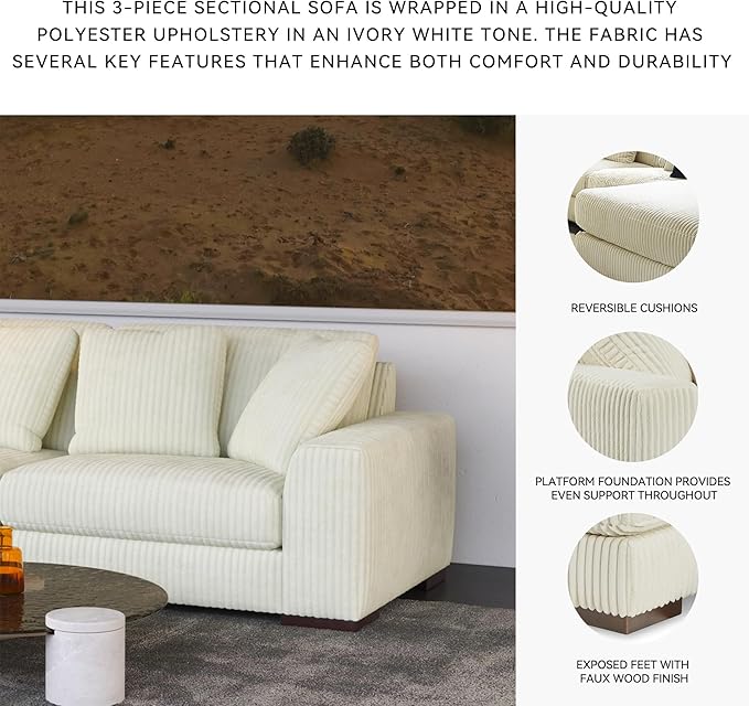 Signature Design by Ashley Lindyn Contemporary 3-Piece Sofa with Reversible Cushions, White