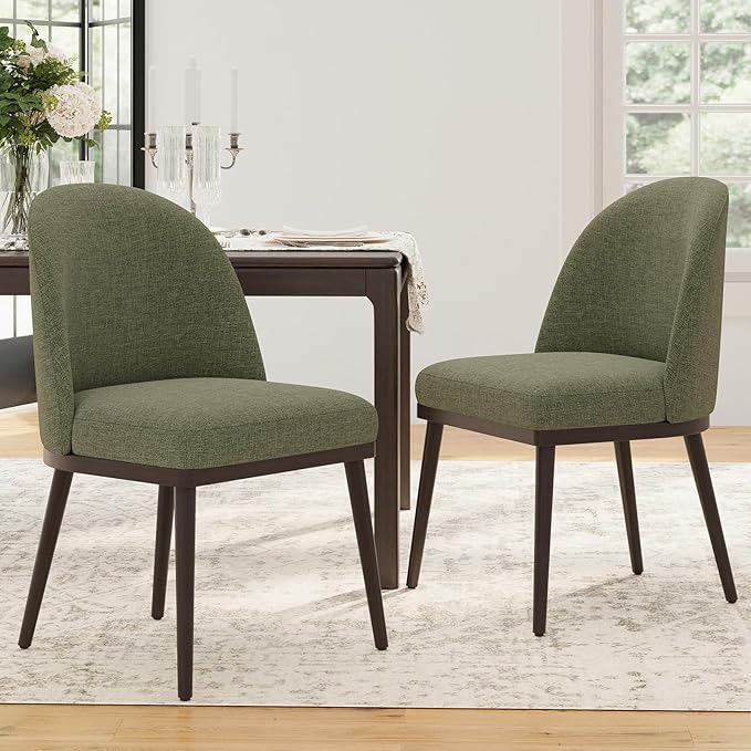 Upholstered Dining Chairs Set of 2, Large Dining Room Kitchen Chairs with High Back and Deep Seat, Modern Fabric Dinner Chairs with Wood Legs, Green