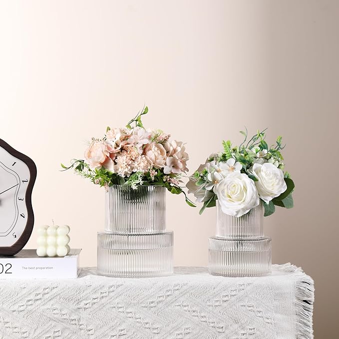 Ribbed Glass Vases for Bouquet, Set of 2 Fluted Vases for Flowers, Clear Vase for Tulips, Modern Glass Vase for Living Room, Office, Coffe Table, Dining Table, Shelf, Wedding