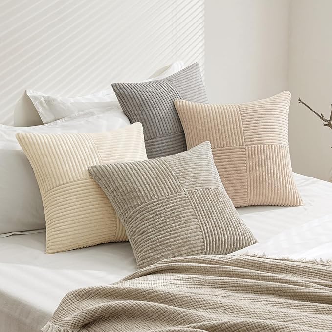 MIULEE Neutral Decorative Throw Pillow Covers 18x18 Inch Set of 4 for Livingroom Couch Sofa Modern Farmhouse Soft Corduroy Cushion Cases Striped Patchwork Home Decor (Cream,Grey)