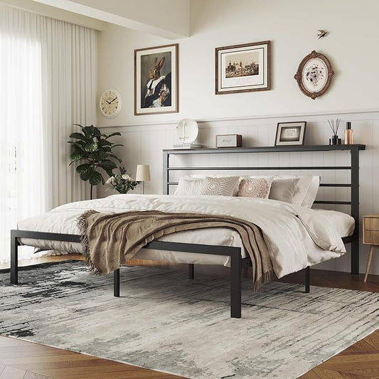 MUTICOR Heavy-Duty King Metal Platform Bed Frame with Shelf Headboard, No Box Spring Needed, Easy Assembly, Black Shelf