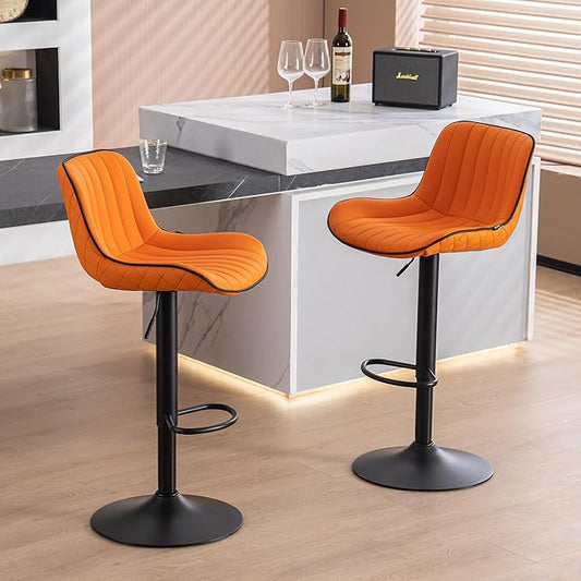 YOUNUOKE Orange Bar Stools Set of 2, Height Adjustable, 360° Swivel, Faux Leather Upholstered Barstools with Back, Mid-Century Modern Design, Stools for Kitchen Island, Home Bar, Bistro, Restaurant