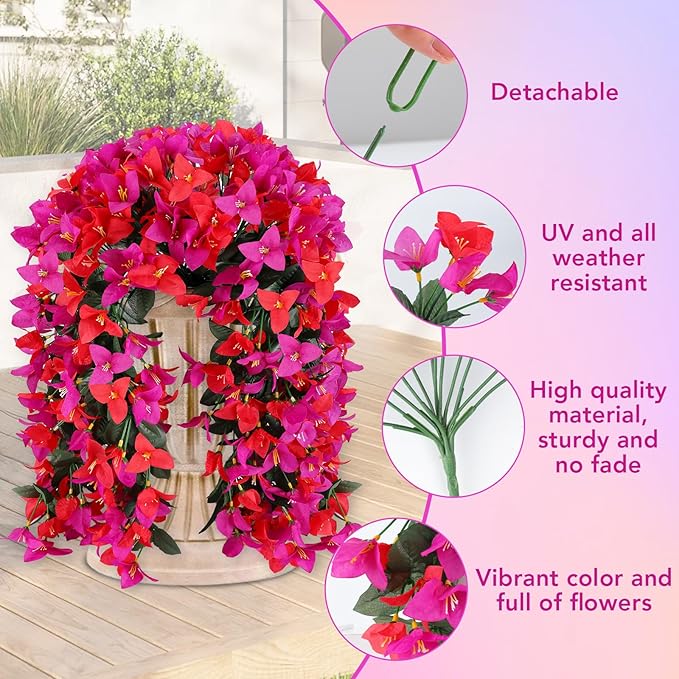 Artificial Bougainvillea Flowers for Outdoor Plant,4 pcs Faux Hanging Flowers Bougainvillea for Outside Decoration,Fake Silk UV Resistant Vines for Front Door Porch(Rose red+Fuchsia)