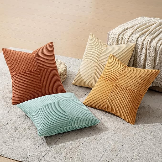 MIULEE Boho Farmhouse Fall Decorative Throw Pillow Covers 20x20 Inch 4 Packs Soft Vintage Pillow Cases Modern Corduroy Patchwork Cushion Covers for Couch Sofa Bed Home Decor, Teal-Rust
