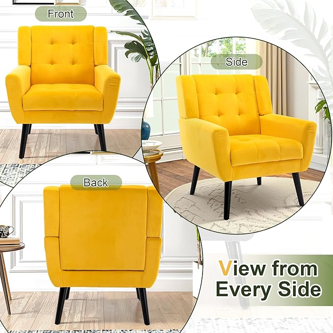 NicBex Accent Chair Set of 2, Modern Chair for Living Room Upholstered Foam Filled Living Room Chairs with Metal Legs Velvet Cozy Lounge Armchair for Living Room Bedroom,Yellow