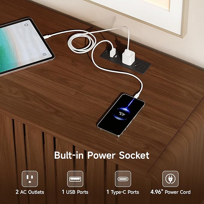 Mid-Century Modern Television Stand for 55/65/70 inch TV, 63” TV Stand with Power Outlet for Living Room, Entertainment Center with Sliding Grille Door Cabinets and Open Shelves, for Bedroom, Walnut