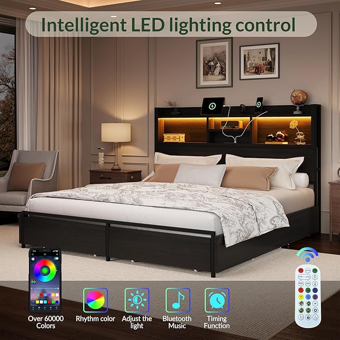 LARMACE Queen Size Bed Frame with 6 Storage Drawers and Headboard Wooden Platform Bed Frame with LED Lights and Charging Station Easy Assembly/No Box Spring Needed/Black
