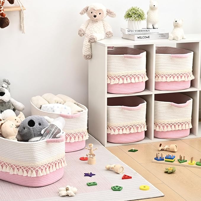 3 Pack Storage Basket for Shelves, Boho Cotton Rope Storage Bins with Heavy Tassel, Shelf Baskets Large Woven Baskets for Organizing, Cube Organizer Bins, Baby Laundry Basket for Clothes, Toys, Pets