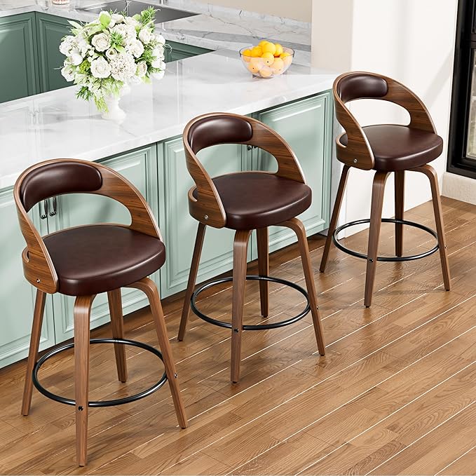 Bar Stools Set of 4, 26" Swivel Counter Height Barstools with Bentwood Legs and Back, Mid Century Modern Faux Leather Upholstered Bar Chairs for Kitchen Island, Restaurant, Brown