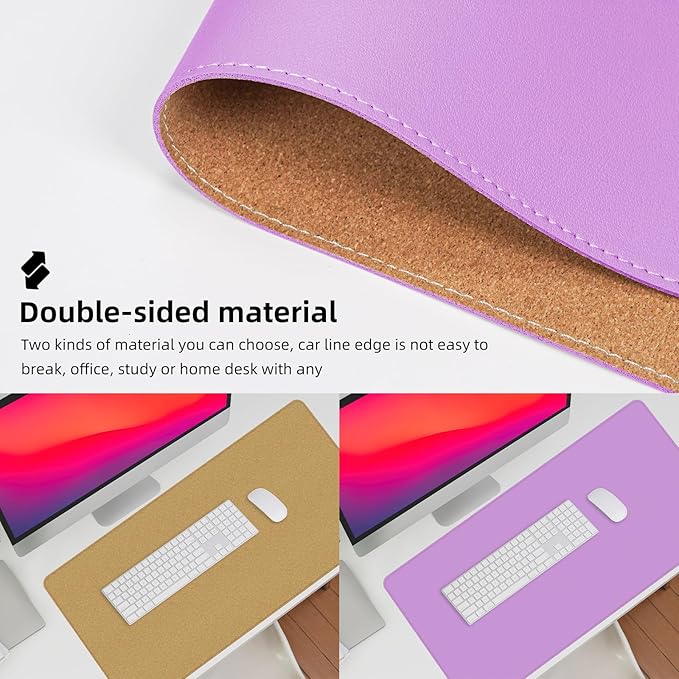 Leather Desk pad Protector- 47.2" x 23" Large Desk mat with Natural Cork & PU Leather,Mouse pad,Non-Slip Office Desk Mat,Waterproof Desk Writing Pad for Office and Home(Purple)