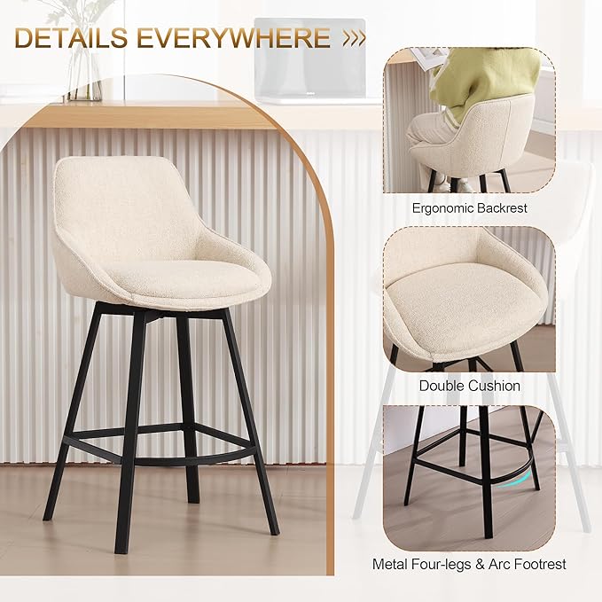Zesthouse Swivel Counter Stools Set of 2, 26'' Modern Counter Height Barstools with Low Backs & Metal Legs, Upholstered Counter Height Barstools, Beige Linen Fabric Bar Stools for Kitchen Island
