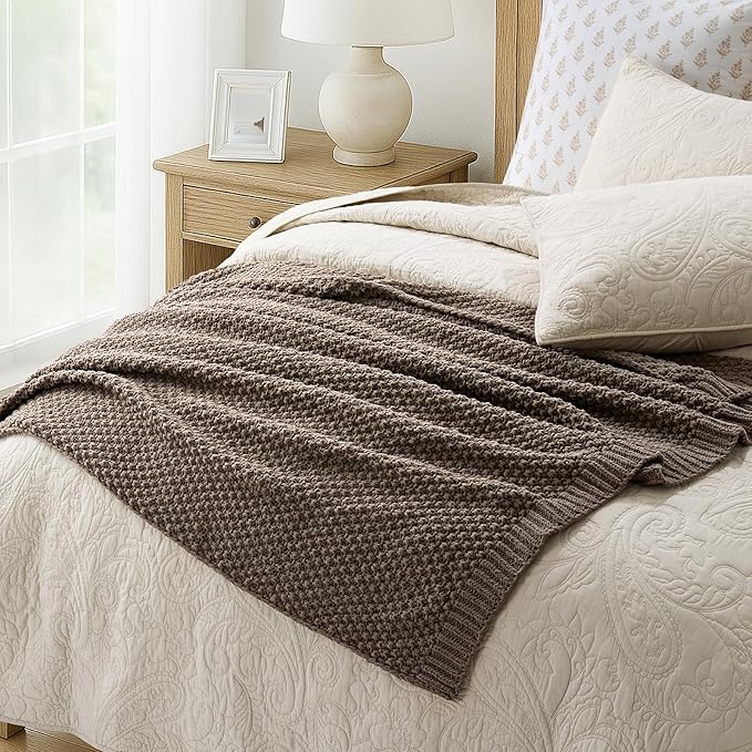 EVERGRACEHOME Chunky Chenille Knit Throw Blanket for Couch, Soft Luxurious Moss Stitch Blankets for Bed, Cozy Decorative Farmhouse Knitted Throws for Sofa, Mocha Brown, 50" x 60"