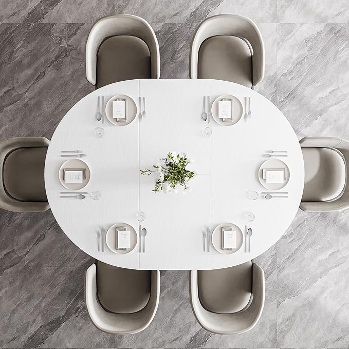 Feonase 59" Round Extendable Dining Room Table for 6, Modern Oval Kitchen Table with Heavy Duty Wood Base, for Kitchen Dining Living Room, Easy Assembly, Noise-Free, White