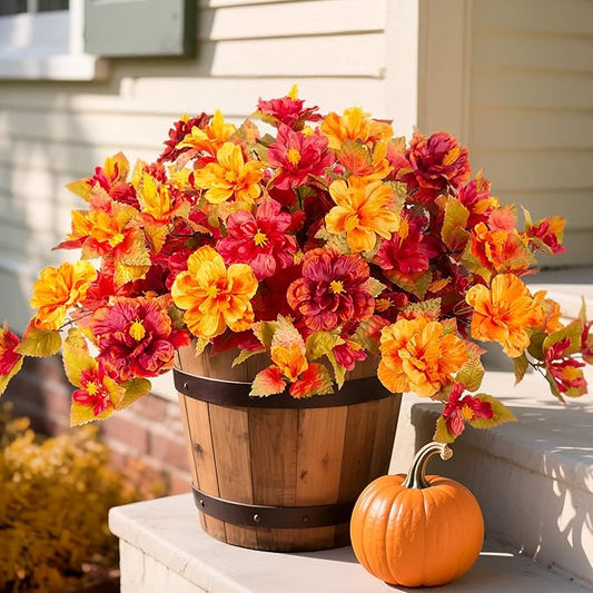 Fake Fall Flowers Artificial for Outdoors Decoration 2PCS Faux Orange Flowers for Outdoor Planters Outside Hibiscus Flower Fall Décor for Home Front Porch Yard Patio