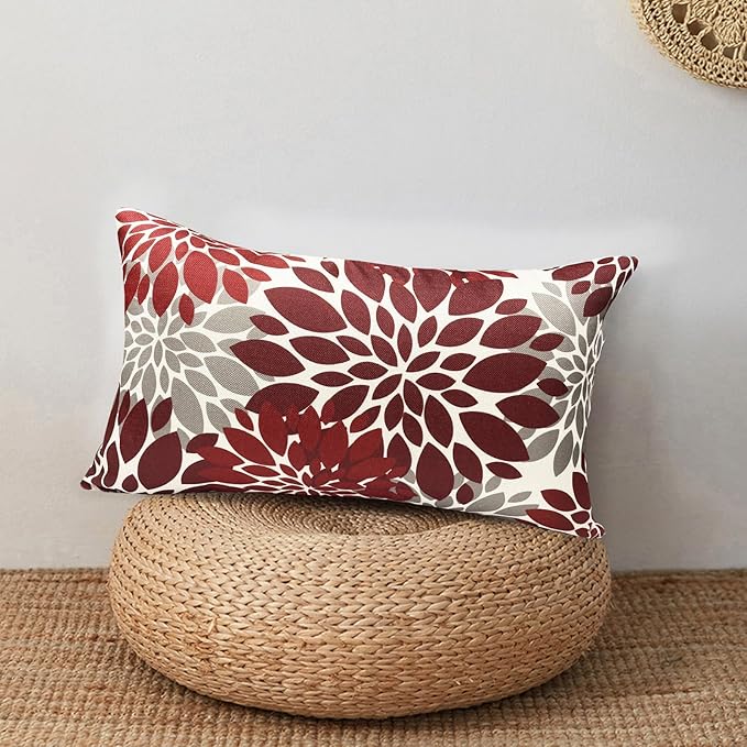 Decorative Throw Pillow Covers Set of 2 Wine Red Pillow Covers 12x20 Inch Couch Pillow Covers for Sofa Living Room Outdoor Throw Pillow Cover Linen Floral Flower Farmhouse Pillowcase