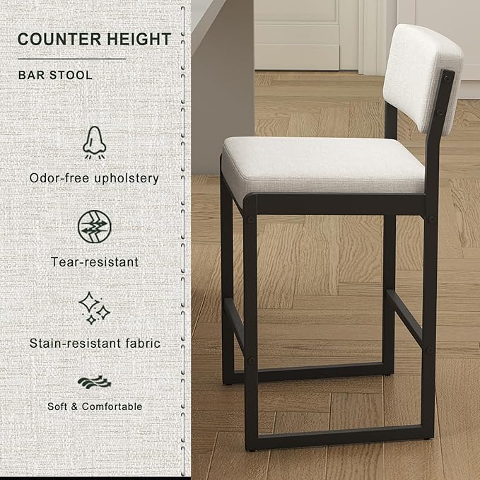 Mid Century Modern Counter Height Bar Stools Set of 3, 26" Bar Height Chairs with Backs, Upholstered Counter Stools, Metal Barstools for Kitchen Island (Beige- Fabric, 26" H - Set of 4)