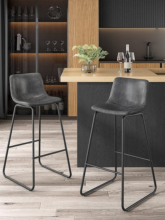 Bar Stools Set of 2, 30 Inches Counter Height Bar Stools with Back, Modern Faux Leather Barstools with Metal Legs and Footrest, Bar Chairs for Kitchens Island (Gray)