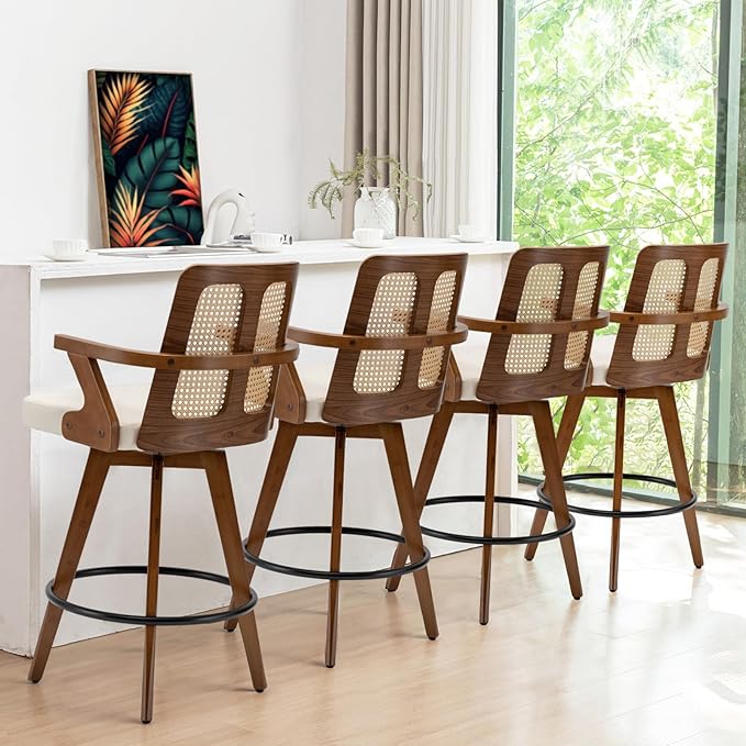 Set of 3 Mid Century Counter Stools - 27 inch Rattan Swivel Counter stools with Curved Back, Walnut Crafts, Upholstered Faux Leather, CounterChairs for Island/Pub/Kitchen (27" Seat Height, Beige)