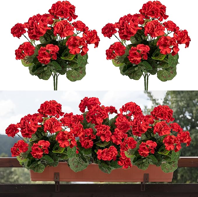 4PCS Home Decor Fake Plants Artificial Flowers Artificial Geraniums Outdoor Fake Flowers Artificial Flowers Fake Silk Bouquet, Fall Decor for Interior Porch Garden Decoration (Red) 14.4"