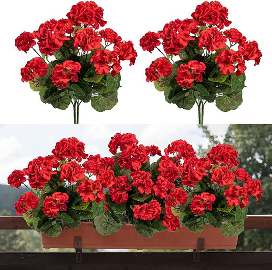 4PCS Home Decor Fake Plants Artificial Flowers Artificial Geraniums Outdoor Fake Flowers Artificial Flowers Fake Silk Bouquet, Fall Decor for Interior Porch Garden Decoration (Red) 14.4"