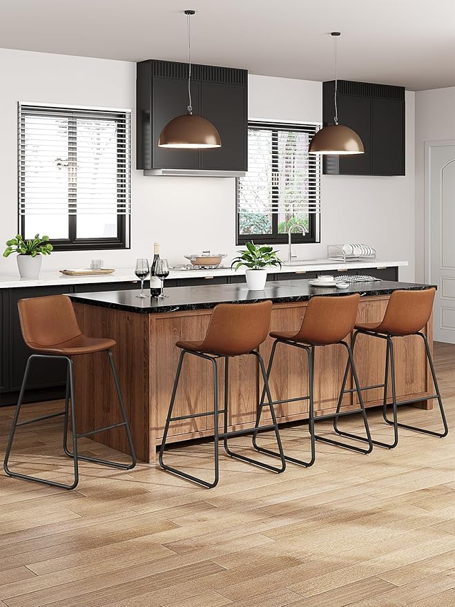 Bar Stools Set of 4, 26 Inches Counter Height Bar Stools with Back, Modern Faux Leather Barstools with Metal Legs and Footrest, Bar Chairs for Kitchens Island (Dark Brown)