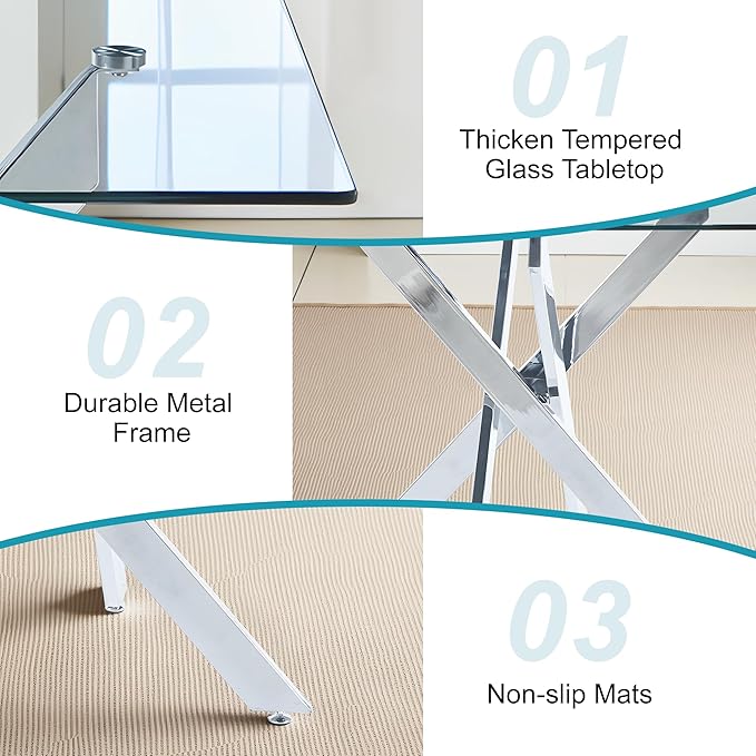 Dining Table for 4 Modern 35.43" Rectangular Glass Dining Table Kitchen & Dining Room Tables with Metal Base for Dining Room and Apartment, Chrome