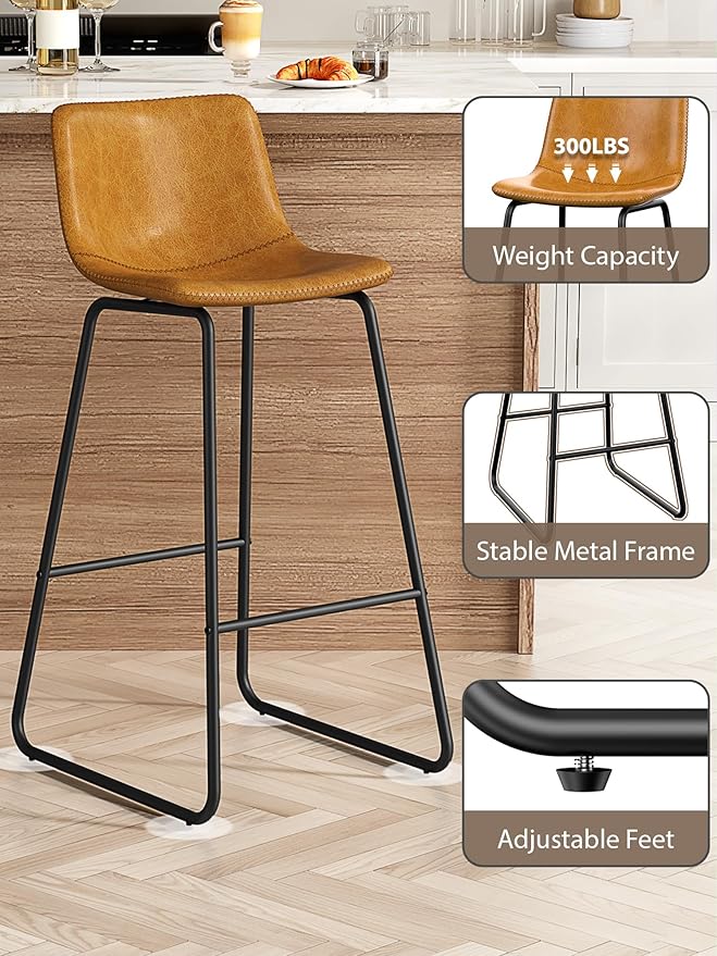 Bar Stools Set of 6, 30 Inches Counter Height Bar Stools with Back, Modern Faux Leather Barstools with Metal Legs and Footrest, Bar Chairs for Kitchens Island (Whiskey Brown)