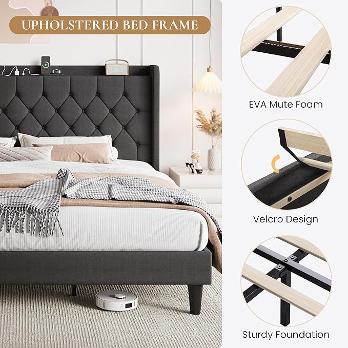 SHA CERLIN King Size Platform Bed Frame with Charging Station, Velvet Wingback Headboard with Storage Shelf, Wooden Slats Support, Ample Under-Bed Space, No Box Spring Needed, Easy Assembly, Dark Grey