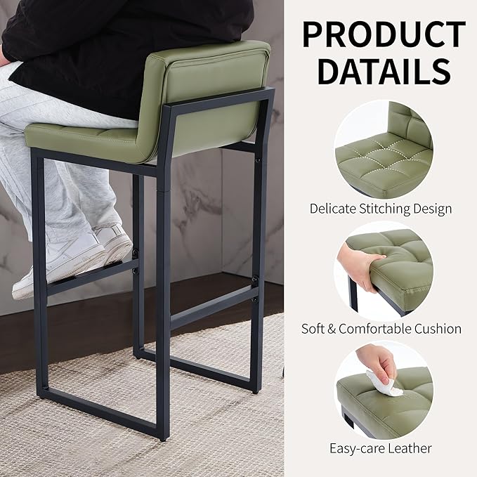Bar Stools Set of 3, Upholstered PU Leather Counter Height Barstools with Low Back and Thickened Metal Legs, Modern Counter Stools for Kitchen Island (Avocado Green, 3Pcs 26" Bar Stools)