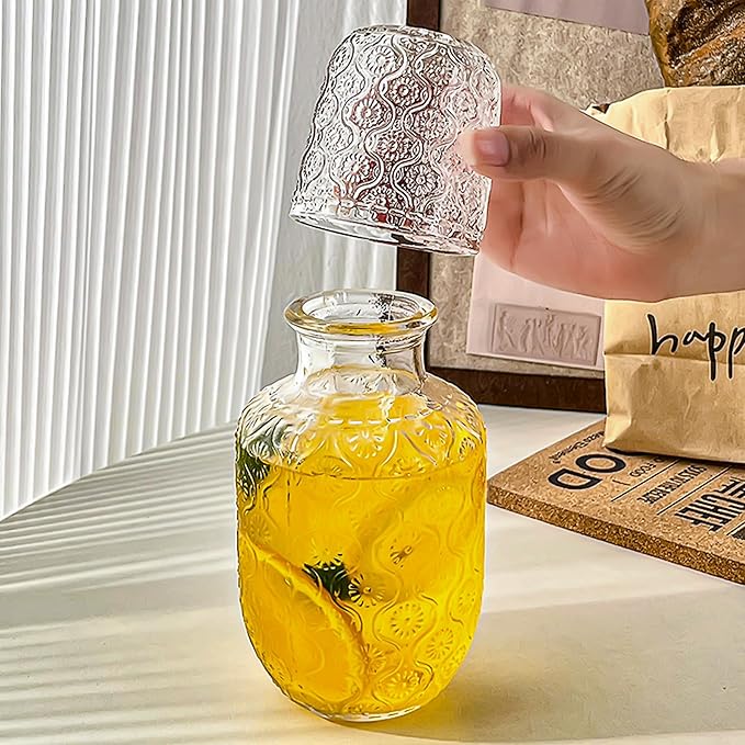 Vintage Bedside Water Carafe and Glass Set for Bedroom Nightstand, Bedside, Ticked Glass Mouthwash Decanter for Bathroom, Water Pitcher Set 18.5 oz