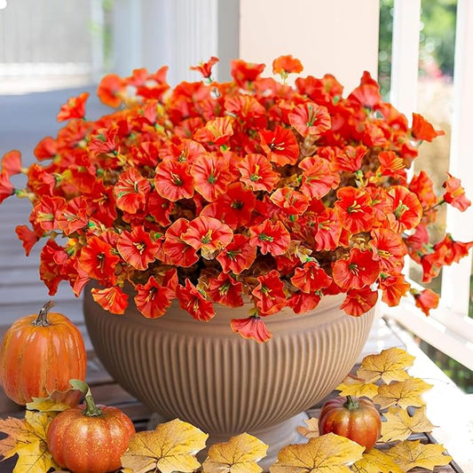 Artificial Outdoor Flowers 16 Bundles Fake Morning Glory Flower Outdoor UV Resistant Plastic Faux Flowers Plants for Decoration Indoor Outdoor Hanging Window Box Planter Home Porch Decor (Fall Orange)