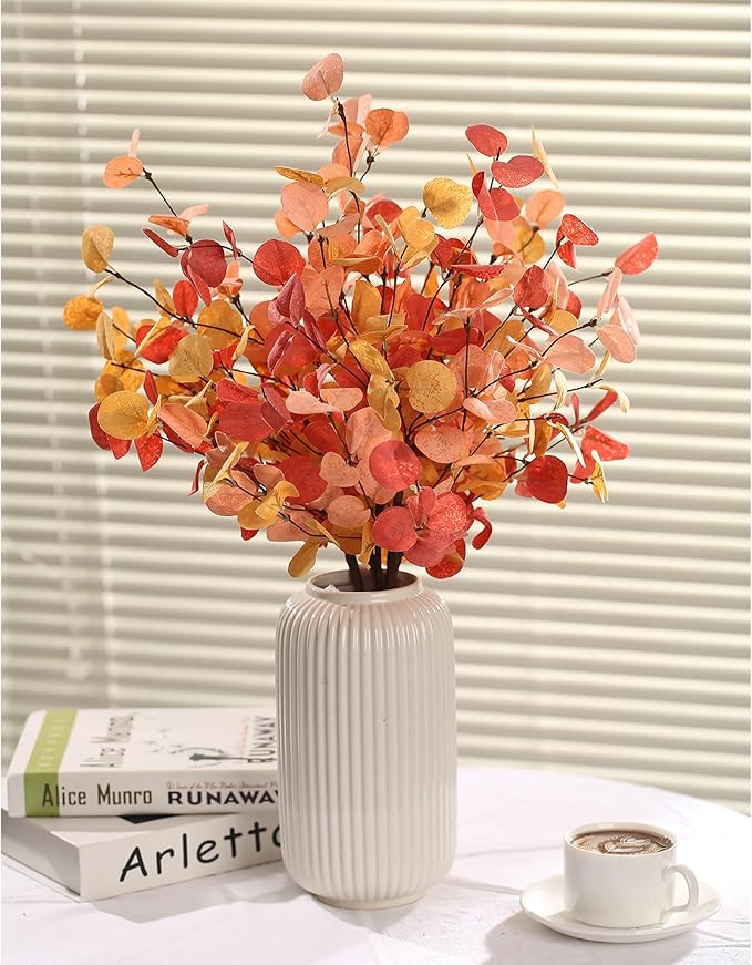 5 Bunches Artificial Fall Eucalyptus Stems Leaves, 24" Autumn Faux Eucalyptus Plant Fake Silk Foliage Artificial Flowers for Autumn Decorations, Floral Arrangement,Thanksgiving Halloween Décor