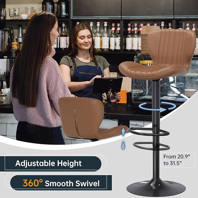 Bar Stools Set of 4, Modern Swivel Bar Stools with Shell Shaped Backrest, Adjustable Counter Height Bar Chairs for Kitchen, Island, Bar, Dining Room, Brown