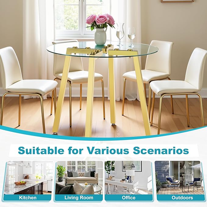 Round Dining Table for 4 Modern 36" Round Glass Dining Table Kitchen Table with Glass Tabletop and Metal Legs for Dining Room and Kitchen, Gold