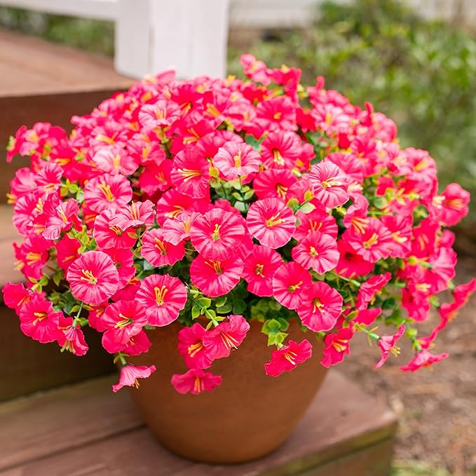 Fake Plants Artificial Flowers for Outdoor Outside Summer Decoration, 12 Bundles Faux Flowers Silk Hot Pink Morning Glory with Eucalyptus Look Real UV Resistant for Planter Front Door Porch Yard Patio