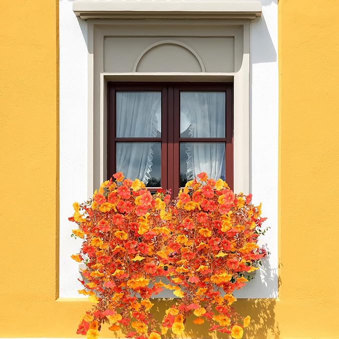 Fake Mums Morning Glory Hanging Flowers, 4 pcs Fall Faux Flowers for Outdoor Planters, Fake Mums for Yard Patio Lawn Garden, Real Touch Fake Flowers Fall Porch Decor, Autumn Floral Decor