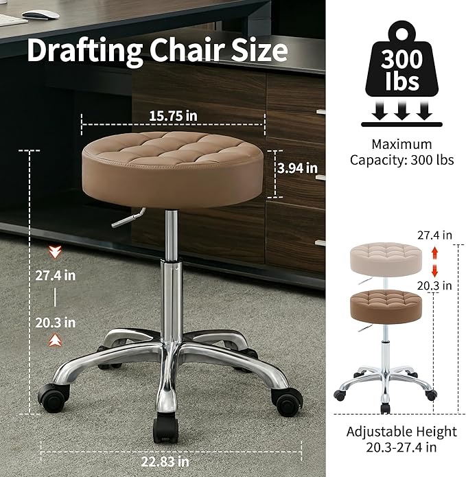 Stool for Work (Adjustable Height 20-27 inch) (Quiet Wheels and Aluminum Base) Vanity Stool for Makeup Room (Coffee Brown)