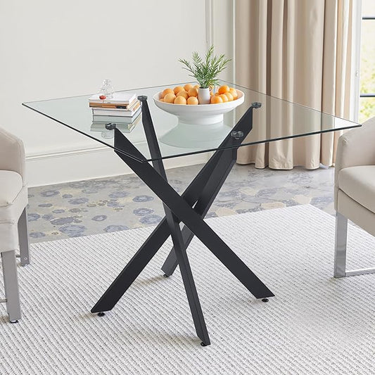 Dining Table for 4 Modern 35.43" Rectangular Glass Dining Table Kitchen & Dining Room Tables with Metal Base for Dining Room and Apartment, Black