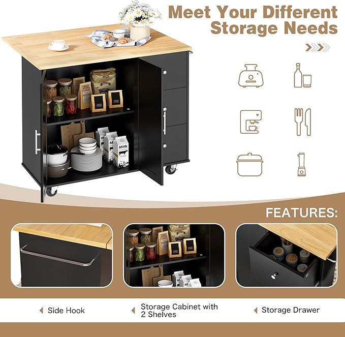 Shintenchi Kitchen Island with Folding Drop Leaf, Rolling Island Table with Storage, Kitchen Cabinet on Wheels with Seating Area for Kitchen, Bar Cart with Cabinet, Black