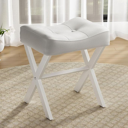 18-Inch Leather Vanity Stool Chair, Vanity Bench with Metal X-Leg, Ottoman Accent Stool with Thick Padded Saddle Seat, White