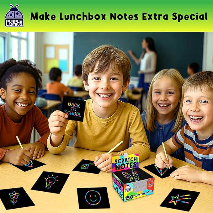 PURPLE LADYBUG 150 Rainbow Scratch Art Mini Notes - Arts and Crafts Supplies, Fun & Colorful Scratch Paper for Kids & Teens Gift, Classroom School Supplies, Back to School Gift, Travel, Camping