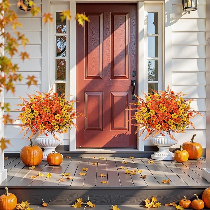 Artificial Mums Fall Fake Flowers for Outdoors, 12 Bundles Faux Mums for Outdoor Planters Decorations,UV Resistant Silk Flowers Plastic Plants for Front Porch Garden Patio (B-Orange Yellow Fern)